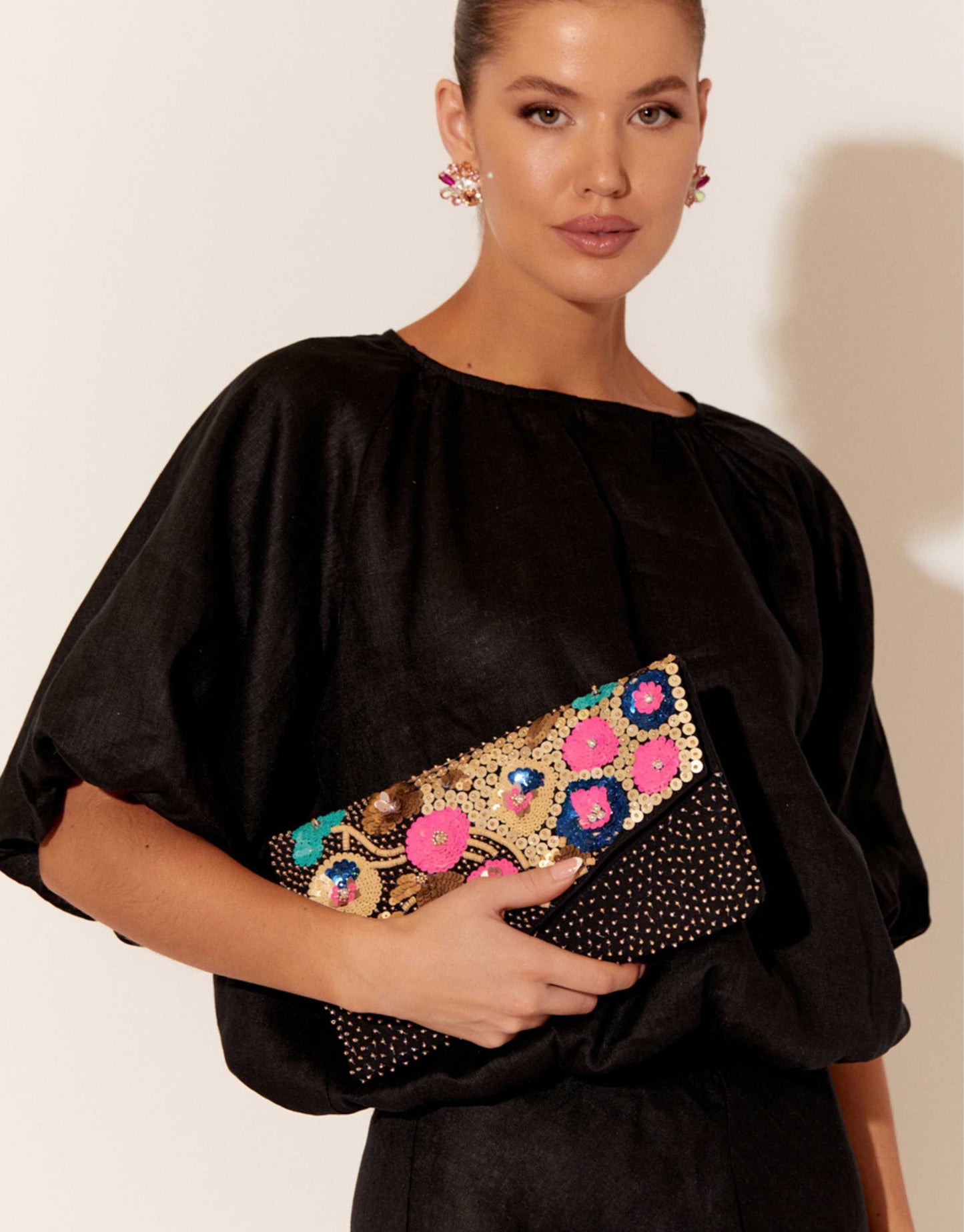 Sequin Flower Fold Over Clutch